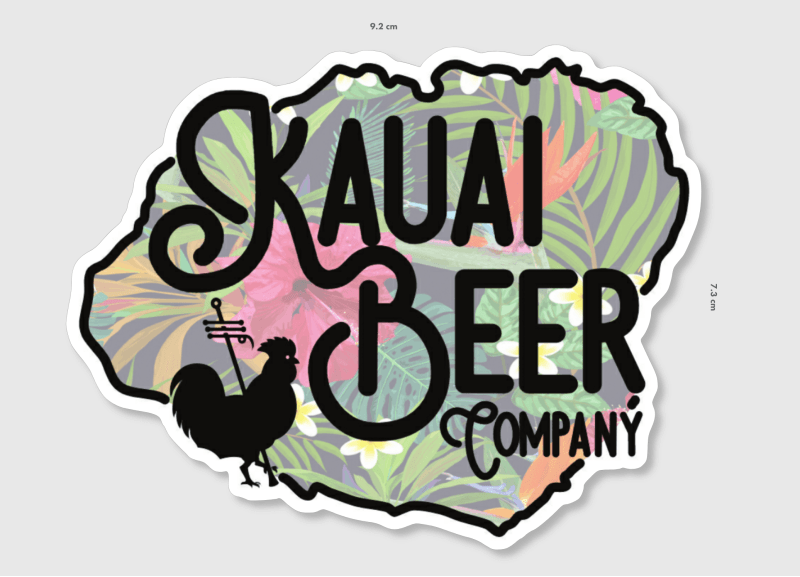 Kauai-island-shaped Kauai Beer Company vinyl sticker with a tropical print