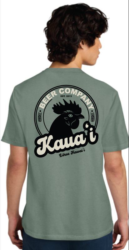 Back of a sage green Kauai Beer Company shirt with a large rooster crest