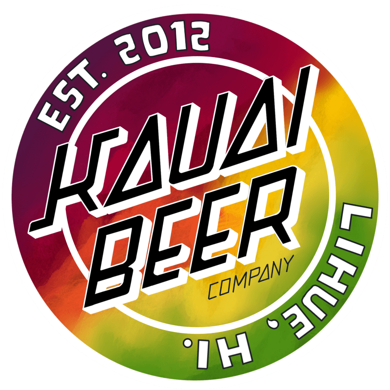 Round Kauai Beer Company sticker with a red-to-green gradient and block lettering