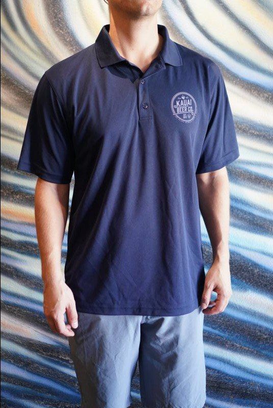 Dark blue Kauai Beer Co. mesh polo shirt with a small chest logo