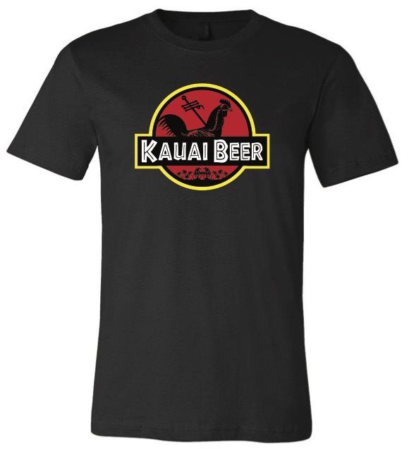 Black Kauai Beer shirt with a red and gold rooster badge logo