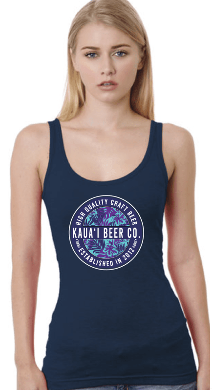 Navy Kauai Beer Co. tank top with a tropical-print circle logo